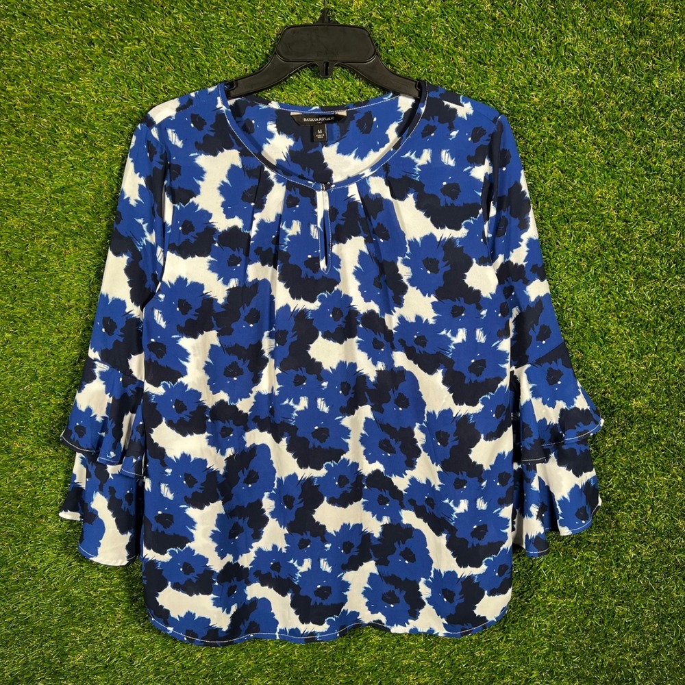 Banana Republic Blue Floral Tiered Bell Sleeve Blouse Top Womens Medium M 1979